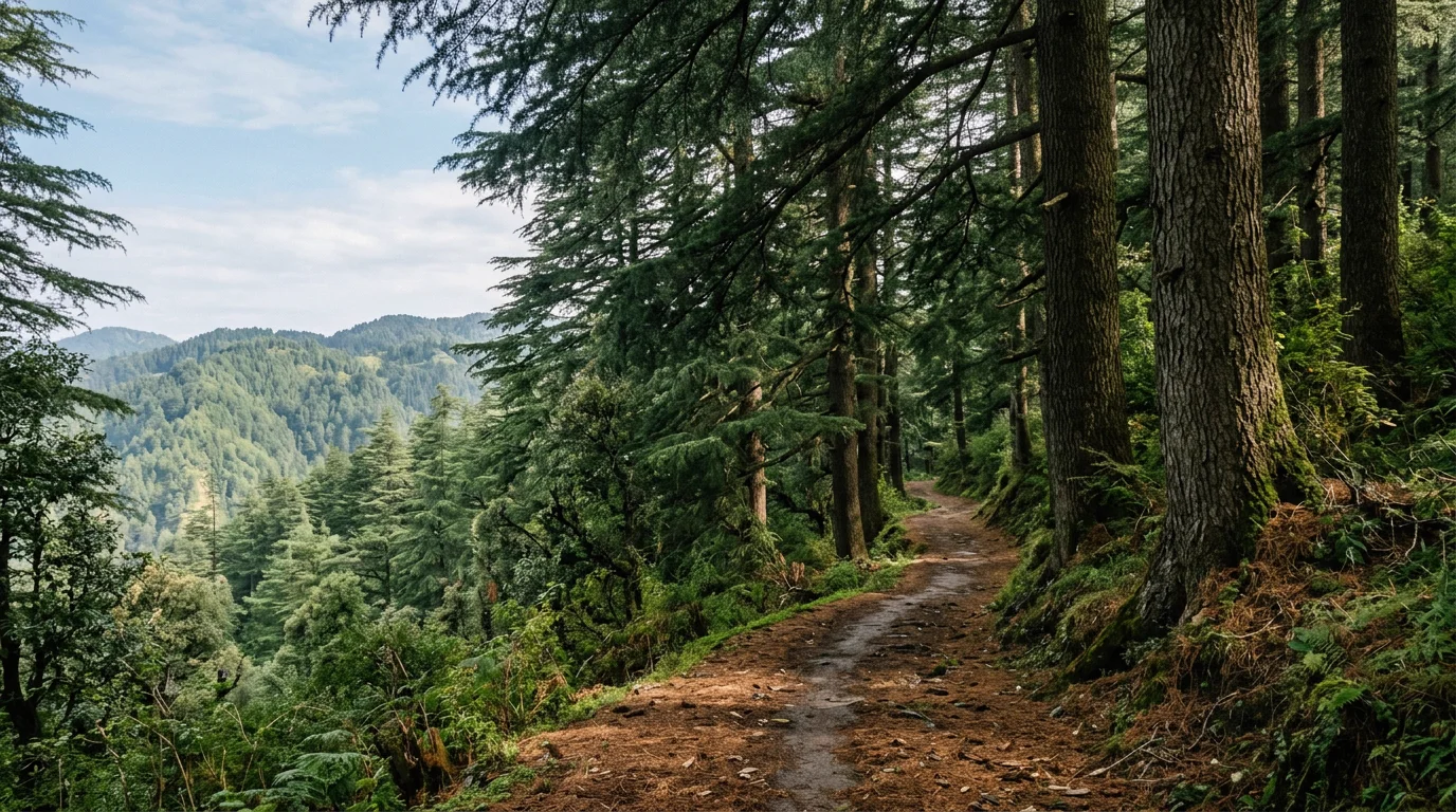 Dense deodar and pine forest along a tranquil mountain ridge in Chail