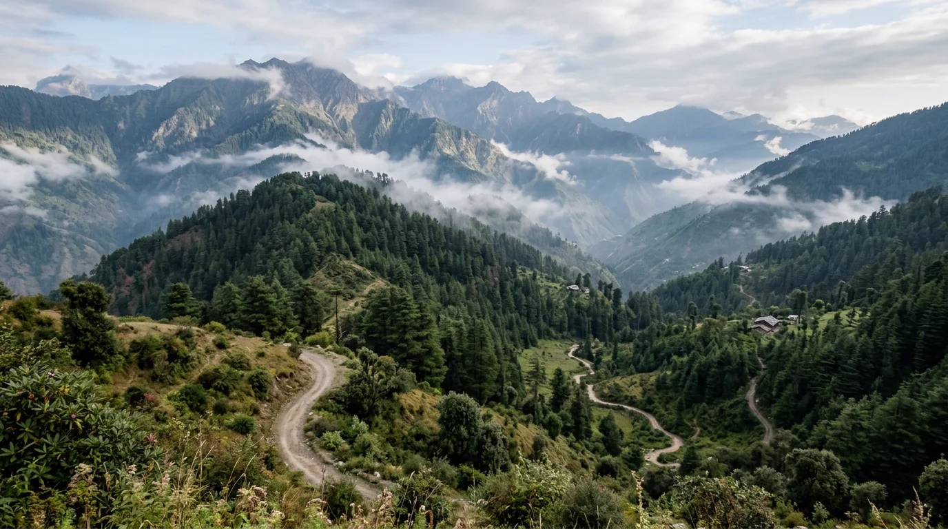 Misty deodar and cedar forested slopes of Chakrata in the Uttarakhand highlands