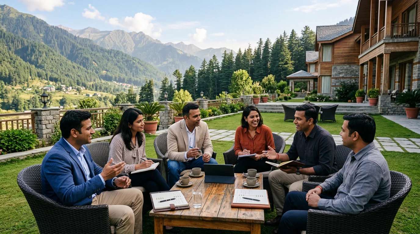 Corporate team in relaxed discussion on a mountain resort lawn during an offsite retreat