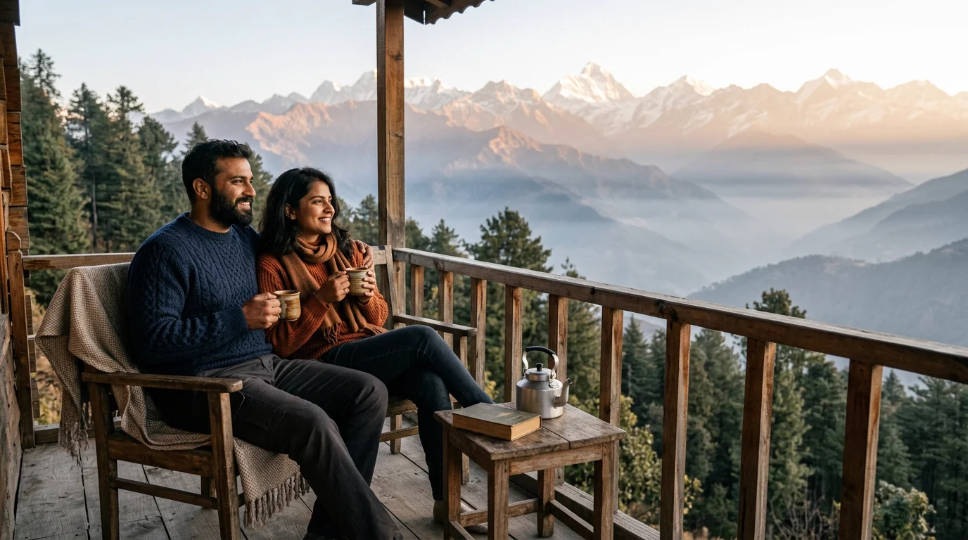 Couple enjoying quiet morning coffee with scenic Himalayan mountain views