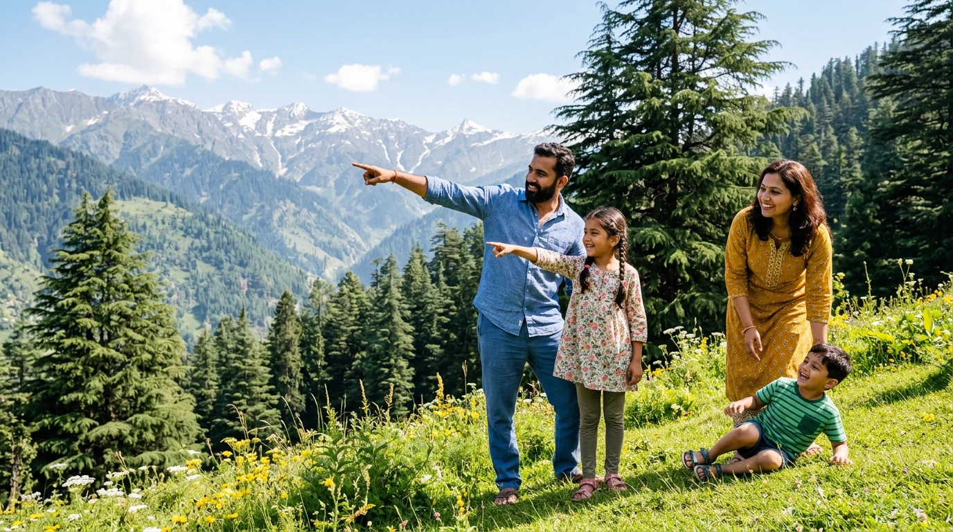 Indian family strolling together across a sunlit mountain meadow surrounded by pines