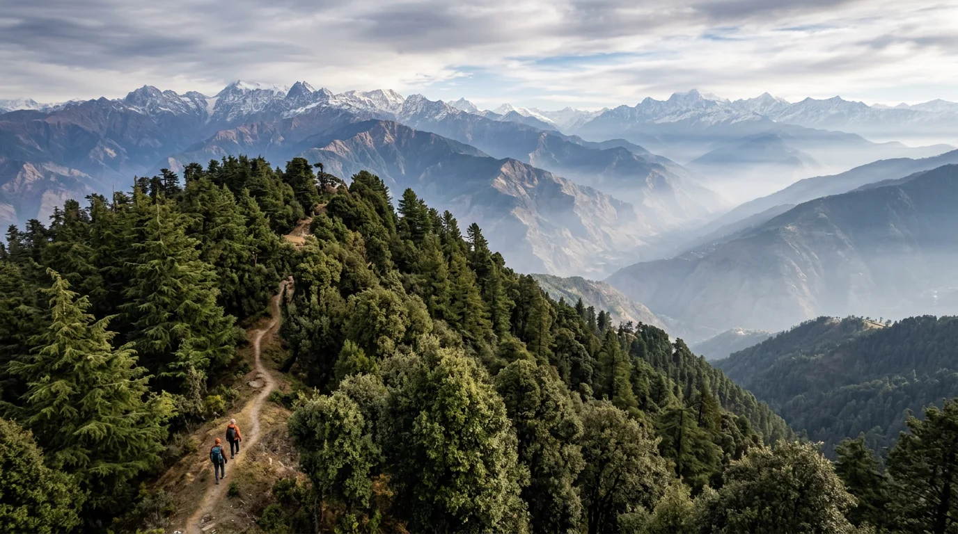High-altitude cedar and pine forest ridge overlooking mountain slopes in Kanatal