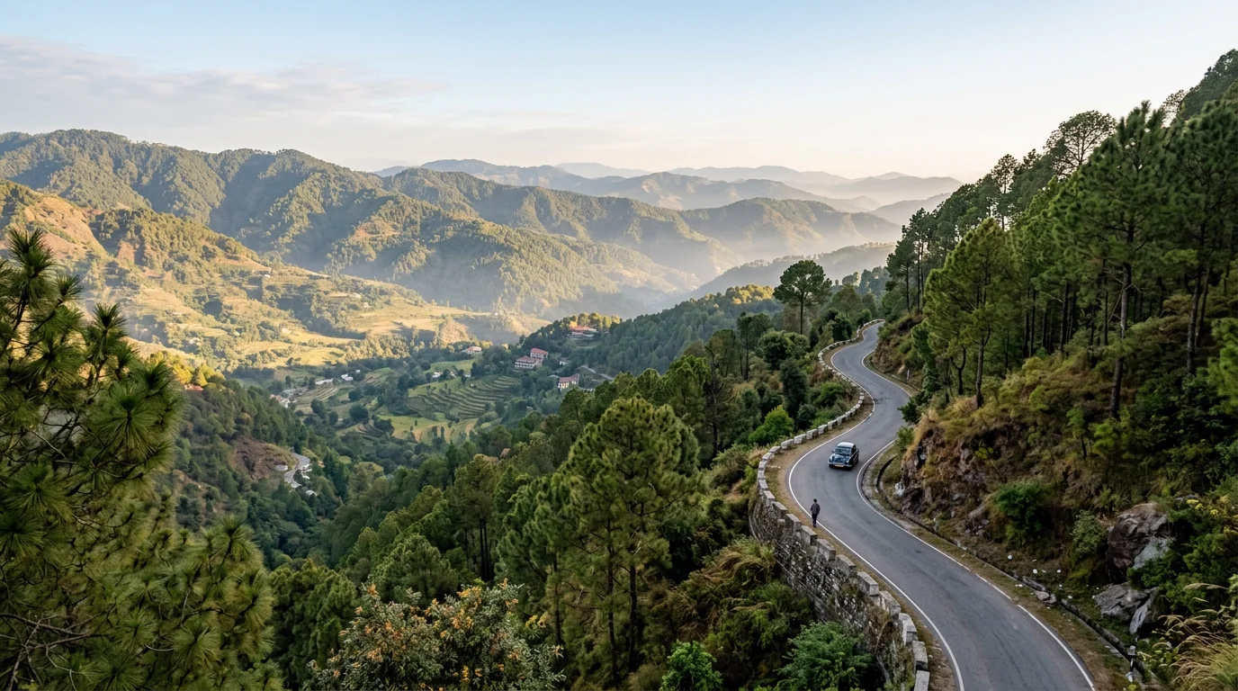 Kasauli pine-covered slopes and gentle Himalayan foothills in soft daylight