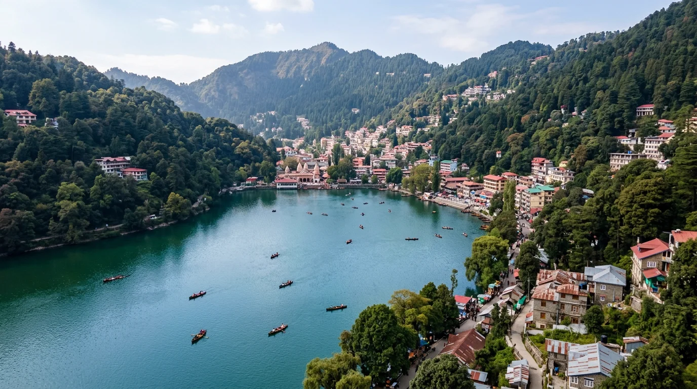 Scenic Naini Lake surrounded by lush forested hills and town settlement in Nainital