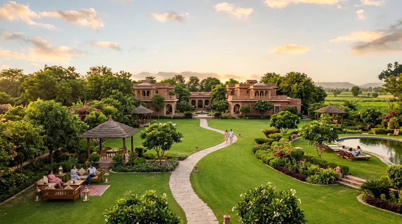 Lush green landscaped lawns and relaxing outdoor leisure at a countryside resort near Delhi NCR