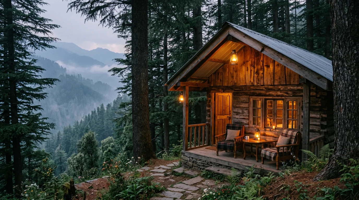 Charming wooden cottage with private veranda nestled among tall Himalayan pine trees