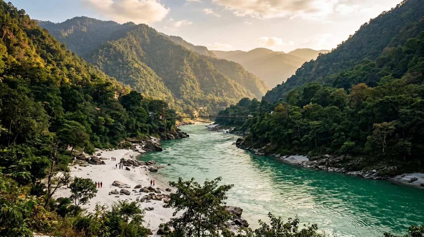 Ganges river winding through forested Himalayan foothills in Rishikesh