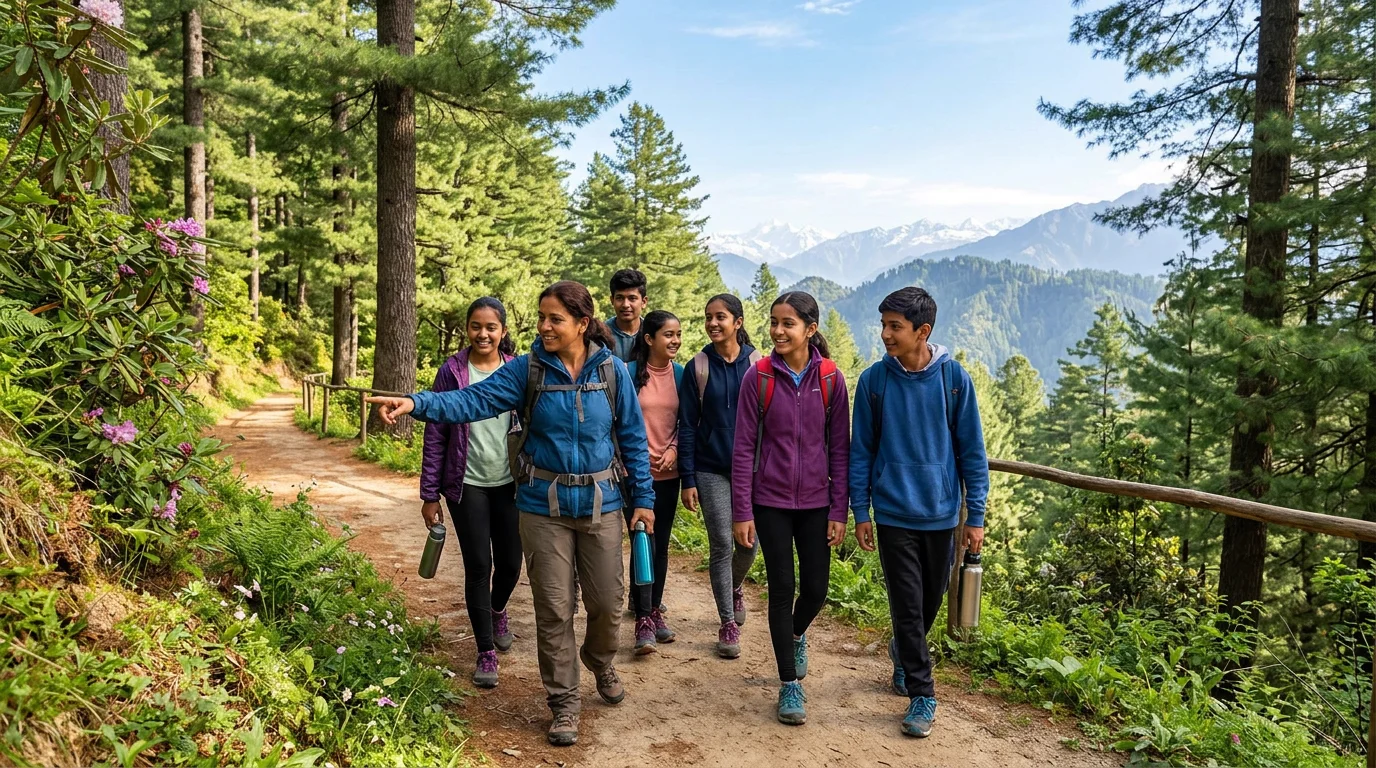 Supervised group of Indian students hiking along a scenic Himalayan nature trail