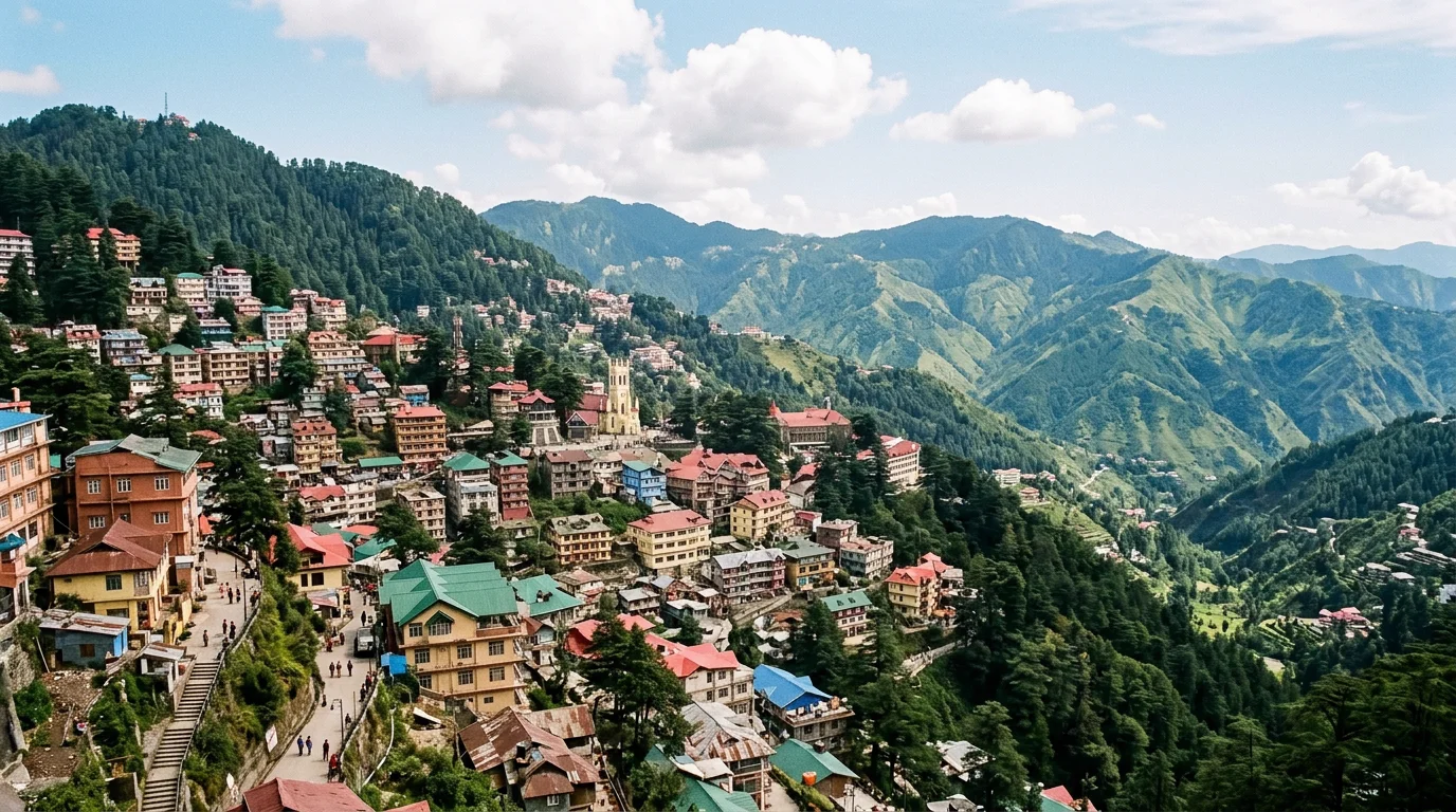 Shimla hill town nestled across forested Himalayan ridges under natural daylight