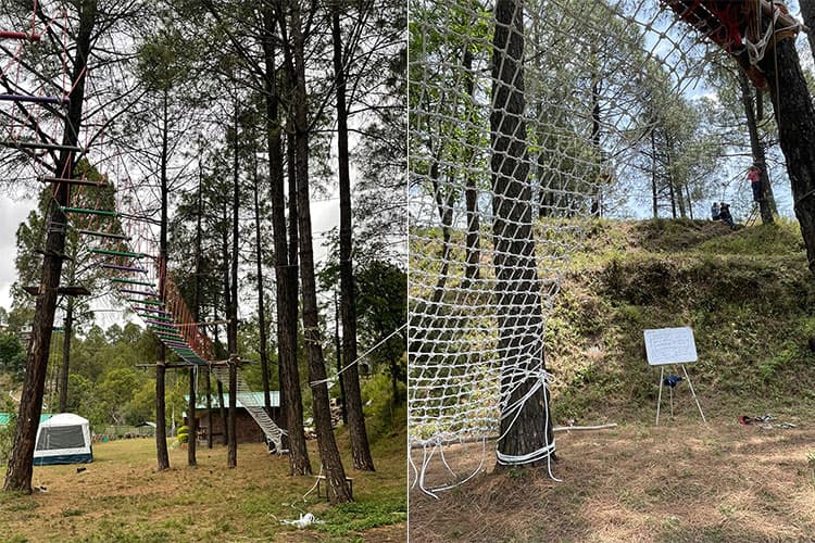 Open lawn with pavilion gazebo under tall pines at Shimla Camps & Cottages